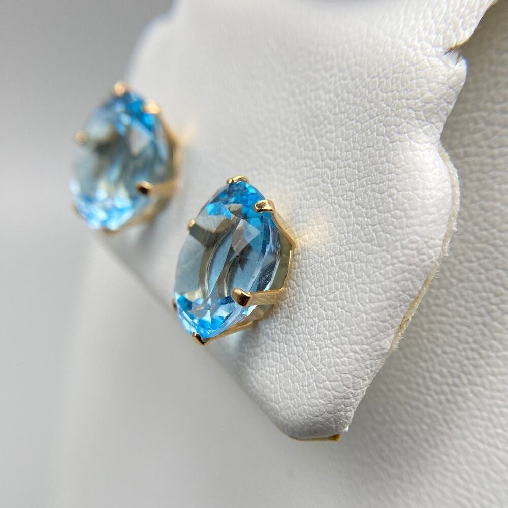 14K Gold Large Oval Blue Topaz Statement Stud Earrings 5.68g - Picture 4 of 14